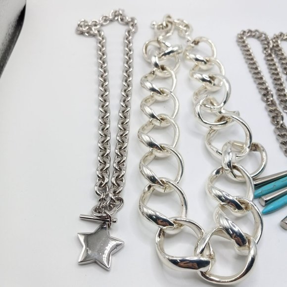 Lot Of 3 Trendy Silver Tone Heart Chain Faux Turquoise Statement Necklaces - Picture 6 of 8